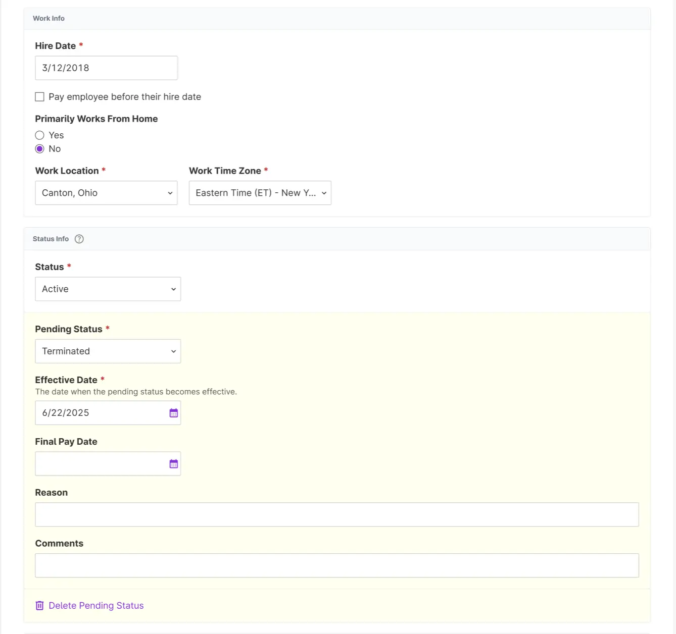 example of employee status and future status change